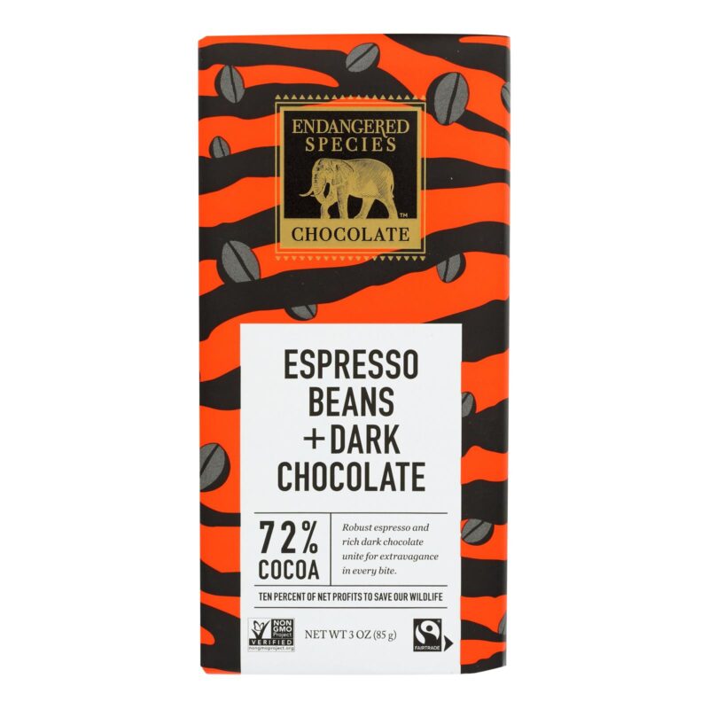 Endangered Species Natural Chocolate Bars - Dark Chocolate - 72 Percent Cocoa - Espresso Beans - 3 oz Bars - Case of 12