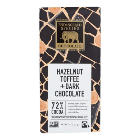 Endangered Species Natural Chocolate Bars - Dark Chocolate - 72 Percent Cocoa - Hazelnut Toffee - 3 oz Bars - Case of 12