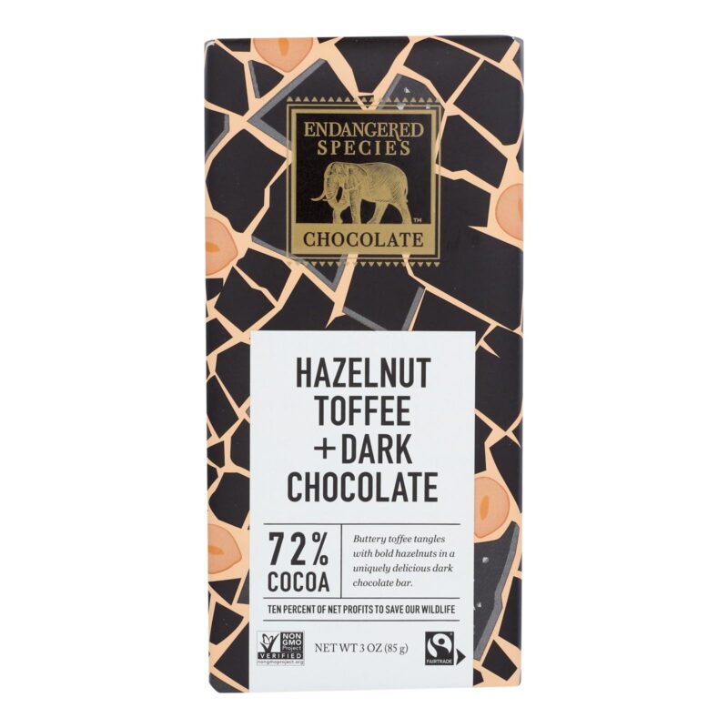 Endangered Species Natural Chocolate Bars - Dark Chocolate - 72 Percent Cocoa - Hazelnut Toffee - 3 oz Bars - Case of 12