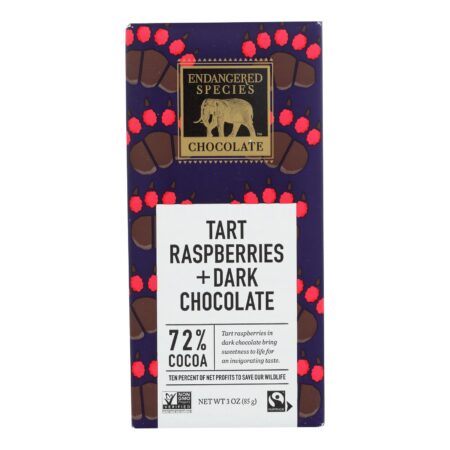 Endangered Species Natural Chocolate Bars - Dark Chocolate - 72 Percent Cocoa - Raspberries - 3 oz Bars - Case of 12