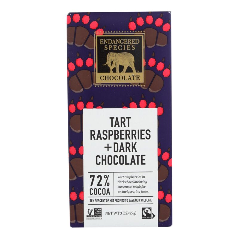 Endangered Species Natural Chocolate Bars - Dark Chocolate - 72 Percent Cocoa - Raspberries - 3 oz Bars - Case of 12