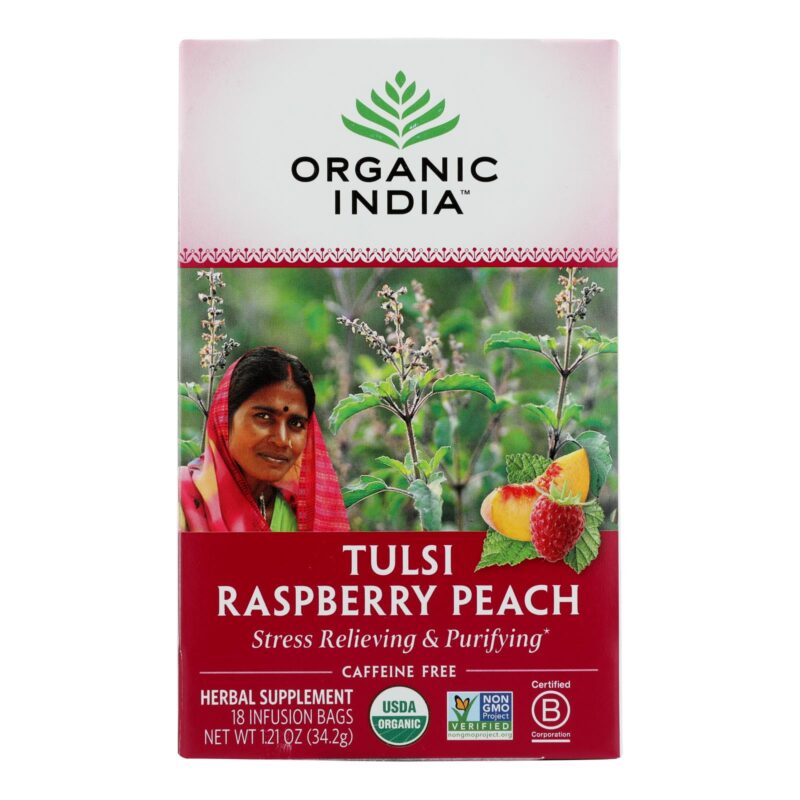 Organic India Tulsi Tea Raspberry Peach - 18 Tea Bags - Case of 6