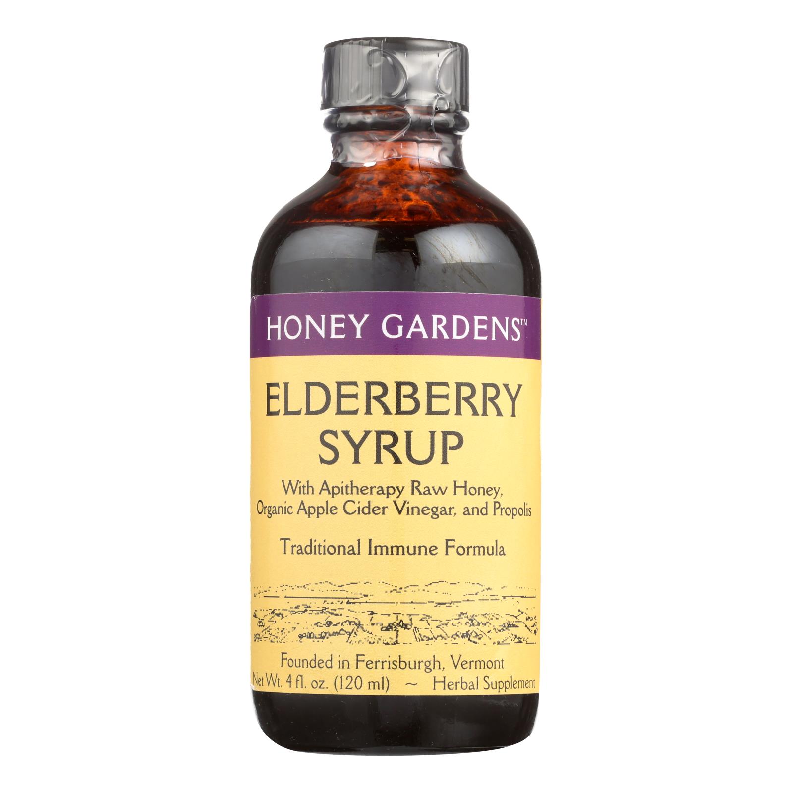 Honey Gardens Apiaries Elderberry Syrup - Apitherapy Raw Honey - Propolis and Elderberries - Cough - 4 oz