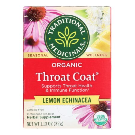 Traditional Medicinals Organic Lemon Echinacea Throat Coat Herbal Tea - 16 Tea Bags - Case of 6