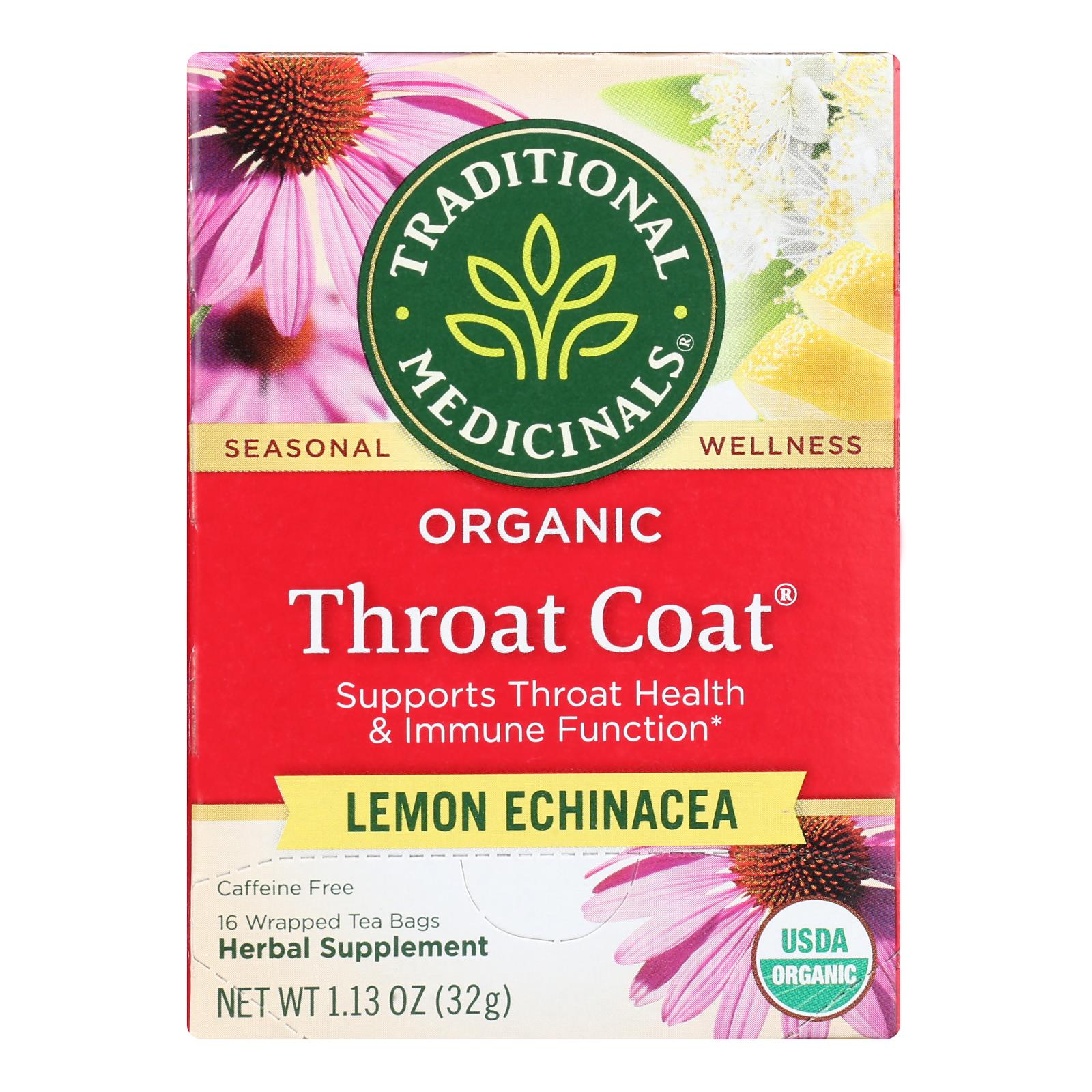 Traditional Medicinals Organic Lemon Echinacea Throat Coat Herbal Tea - 16 Tea Bags - Case of 6