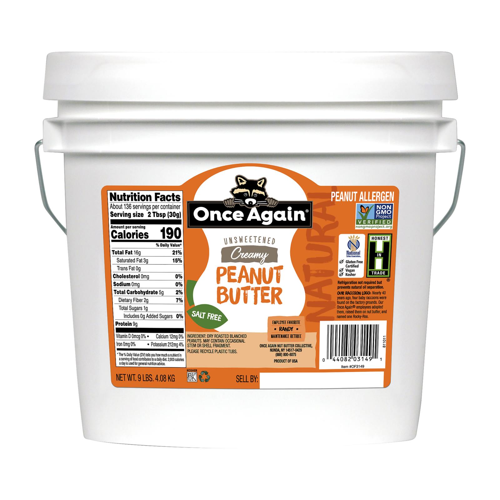 Once Again Organic Creamy Butter No Salt Peanut - Single Bulk Item - 9LB