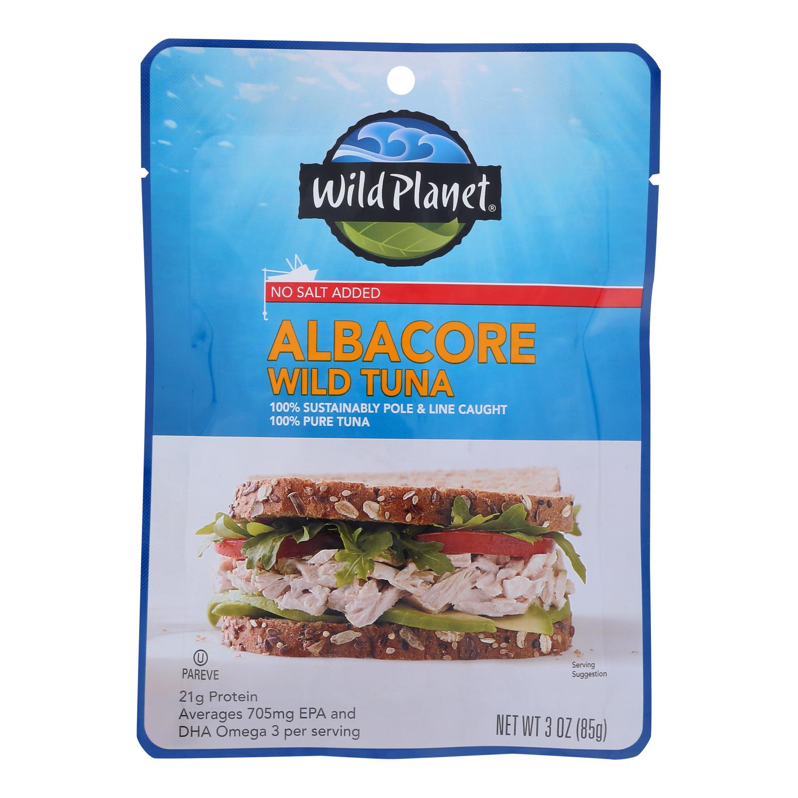 Wild Planet, Wild Albacore Tuna With No Salt Pouch, Case Of 24, 3 oz