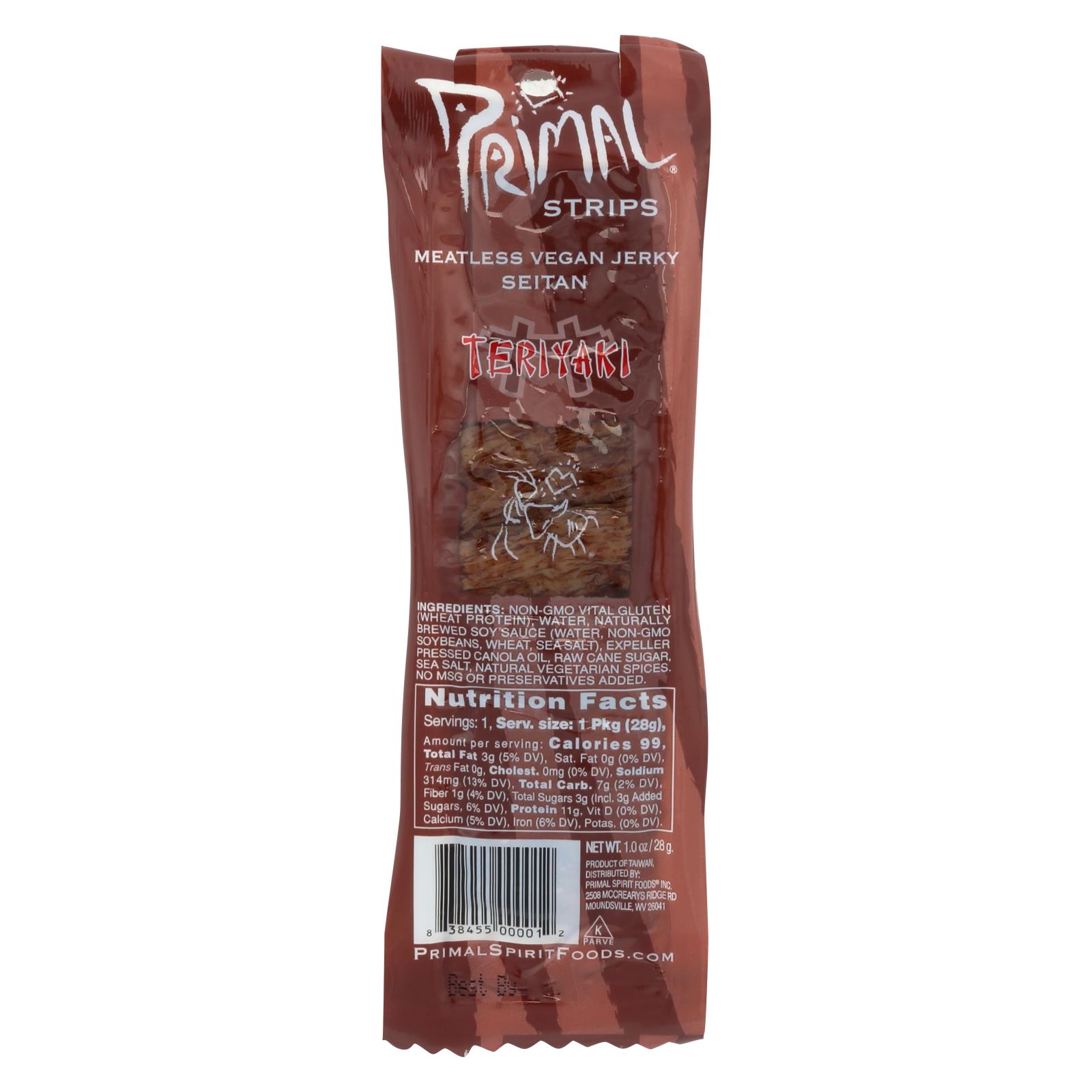 Primal Strips Vegan Jerky - Meatless - Seitan - Teriyaki - 1 oz - Case of 24